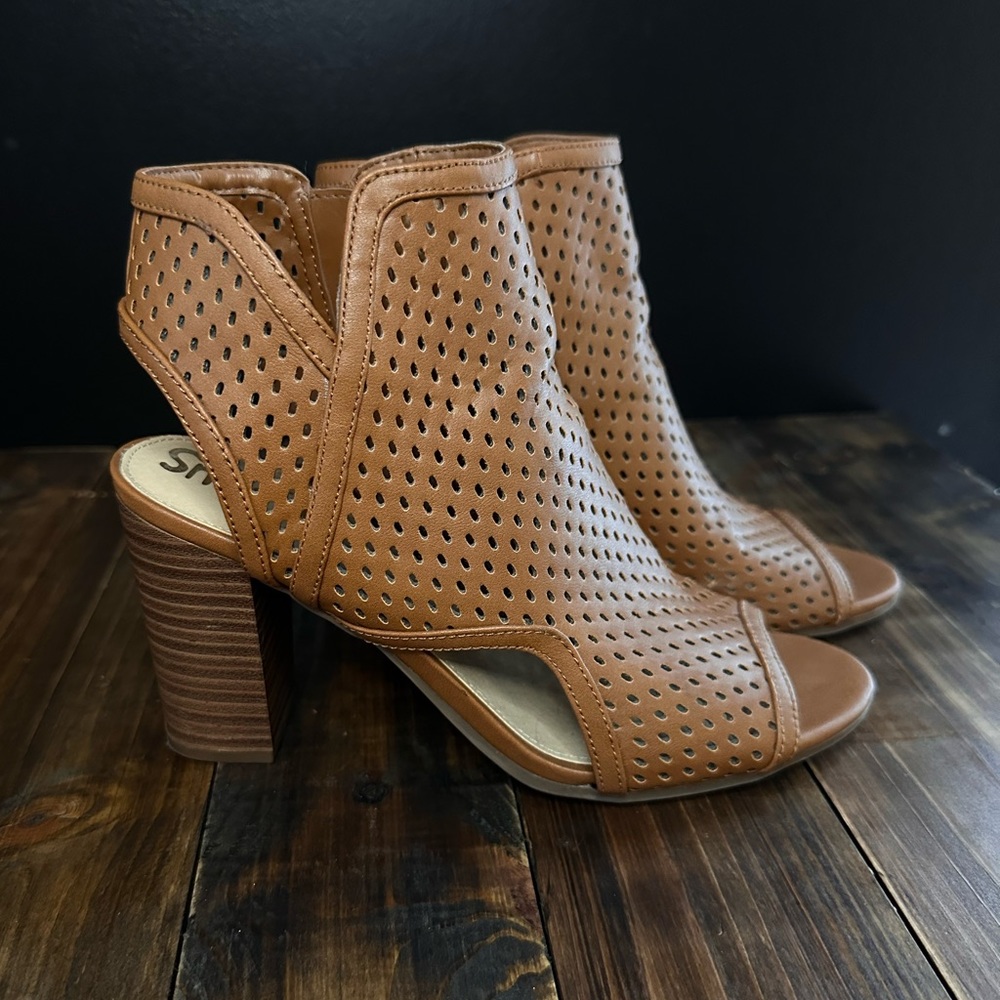 Brown leather heel sandal booties